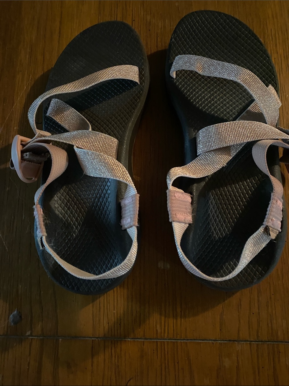 Chaco Black Footbed Sandals with Pale Pink Straps